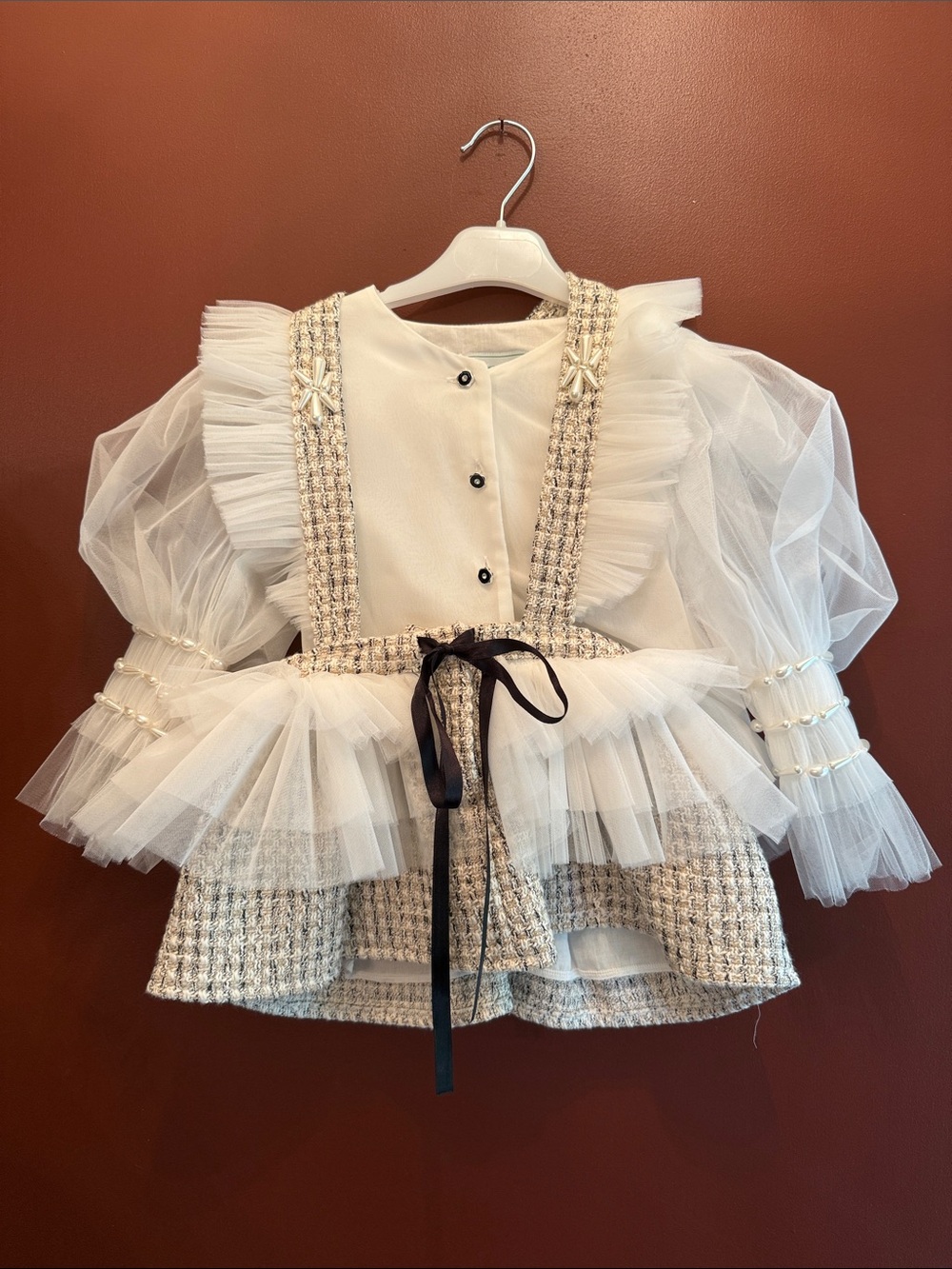 Petite Maison Kids - Ivory Tulle & Tweed Ruffle Dress with Black Ribbon